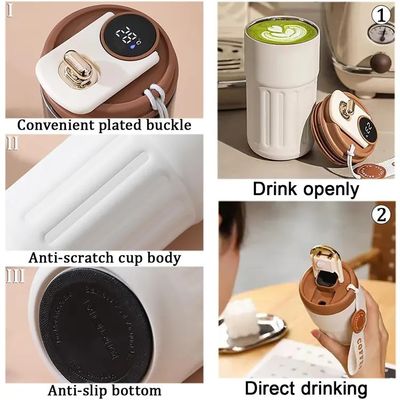 Taza de viaje de 450 ml con visor de temperatura inteligente con material de acero inoxidable y cordón