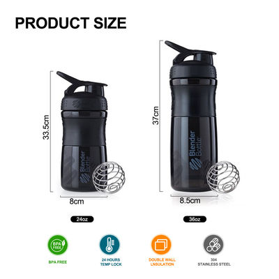Bola de acero inoxidable portátil sin BPA Gimnasio Botella de batidora de proteínas de plástico para deportes