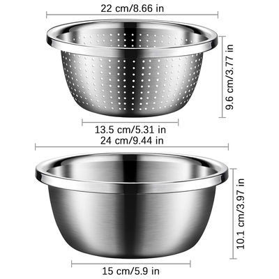 Logotipo personalizado Cuchillero de cocina versátil 304 de acero inoxidable Microporous Colander Cuenco de lavado de arroz Conjunto 550g