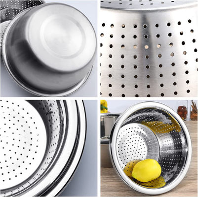 Logotipo personalizado Cuchillero de cocina versátil 304 de acero inoxidable Microporous Colander Cuenco de lavado de arroz Conjunto 550g