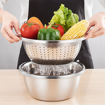 Logotipo personalizado Cuchillero de cocina versátil 304 de acero inoxidable Microporous Colander Cuenco de lavado de arroz Conjunto 550g