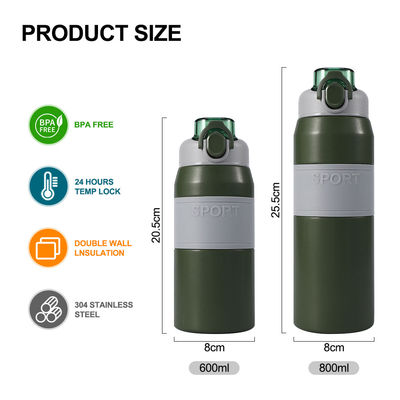 Botella de agua de acero inoxidable aislada a medida de 600 ml/800 ml con paja y mango portátil