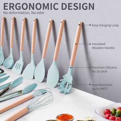 Conjunto de utensilios de cocina de silicona de 19 piezas de mango de madera con cubo de almacenamiento de tabla de corte