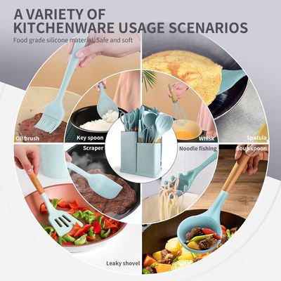 Conjunto de utensilios de cocina de silicona de 19 piezas de mango de madera con cubo de almacenamiento de tabla de corte