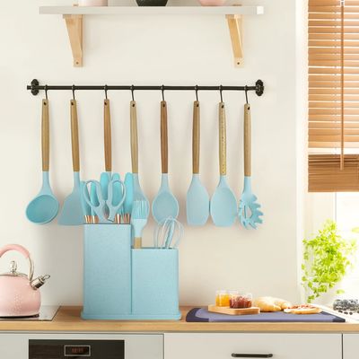 Conjunto de utensilios de cocina de silicona de 19 piezas de mango de madera con cubo de almacenamiento de tabla de corte