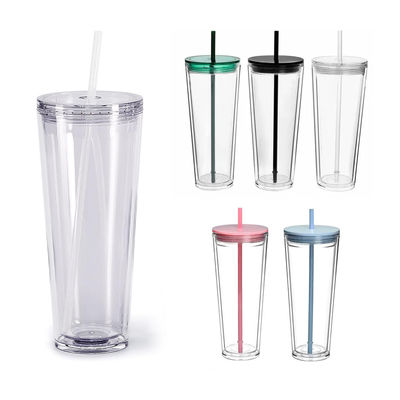 Tazas transparentes reutilizables de 24 oz aislados de doble pared de plástico con tapa y paja