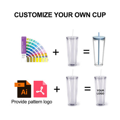 Tazas transparentes reutilizables de 24 oz aislados de doble pared de plástico con tapa y paja