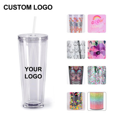 Tazas transparentes reutilizables de 24 oz aislados de doble pared de plástico con tapa y paja