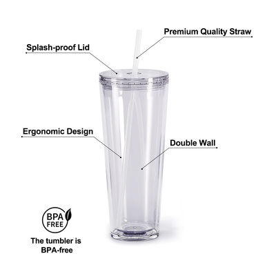 Tazas transparentes reutilizables de 24 oz aislados de doble pared de plástico con tapa y paja