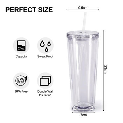 Tazas transparentes reutilizables de 24 oz aislados de doble pared de plástico con tapa y paja