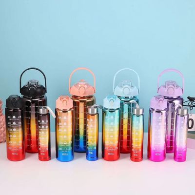 Unisex 3 en 1 Marcador de tiempo motivacional Gradiente Color Botella de agua Conjunto 2000ml 900ml 500ml