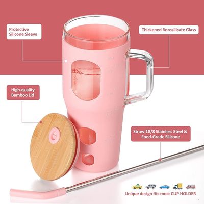 Logotipo personalizado Tumbler de vidrio reutilizable 32 oz con mango de tapa de bambú y manga de silicona