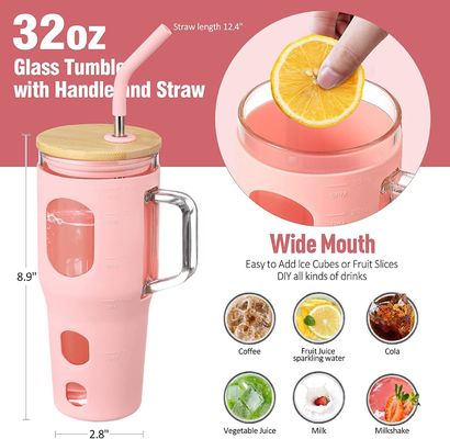 Logotipo personalizado Tumbler de vidrio reutilizable 32 oz con mango de tapa de bambú y manga de silicona