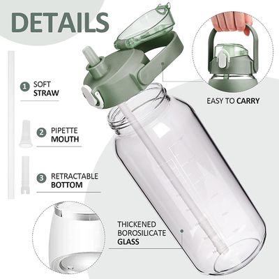 Botella de agua de vidrio sin BPA de 64 oz con paja y marcador de tiempo Botella deportiva motivacional