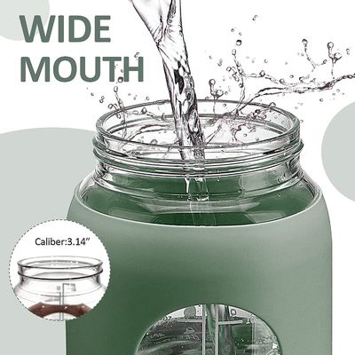 Botella de agua de vidrio sin BPA de 64 oz con paja y marcador de tiempo Botella deportiva motivacional