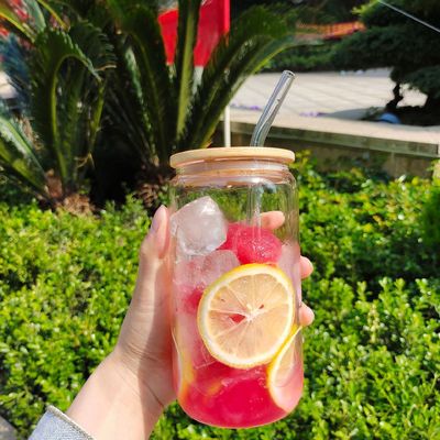Cocina Botella de agua de vidrio libre de borosilicato BPA con tapas de bambú y paja de vidrio