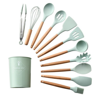 Logotipo personalizado para exteriores Espatulas de mango de madera Silicona utensilios de cocina Espatulas Conjunto con cubo de almacenamiento