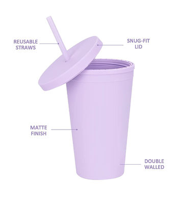 Tazas de plástico de doble pared de color acrílico mate negro con tapa y paja
