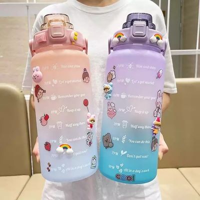 2L Marcador de tiempo motivacional Botella de agua con paja y pegatinas Gradiente de color Durable
