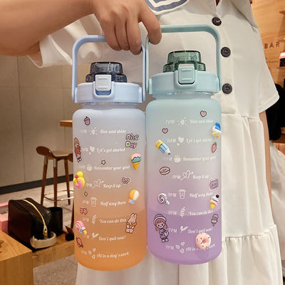 2L Marcador de tiempo motivacional Botella de agua con paja y pegatinas Gradiente de color Durable