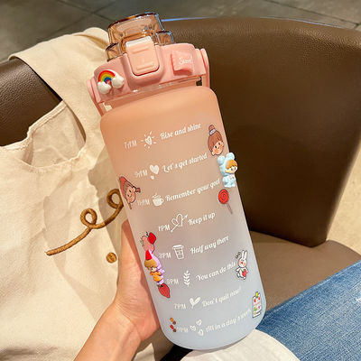 2L Marcador de tiempo motivacional Botella de agua con paja y pegatinas Gradiente de color Durable