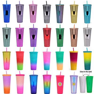 16 oz 24 oz Taza de café de doble pared de plástico irisante Tazas mate tumbler con paja