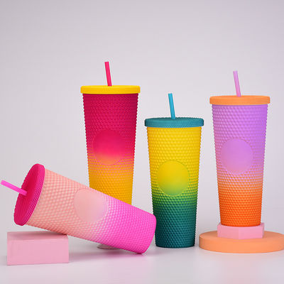 16 oz 24 oz Taza de café de doble pared de plástico irisante Tazas mate tumbler con paja