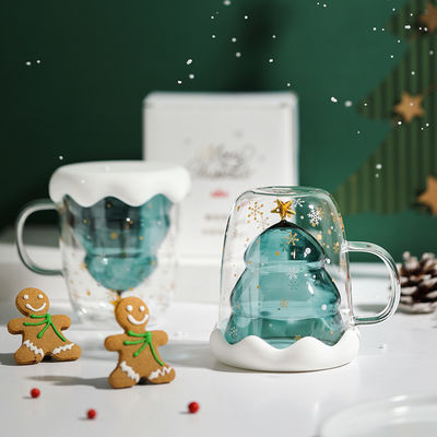 300 ml de cristal de Navidad Tazas de doble pared con diseño lindo y logotipo personalizado en caja de regalo