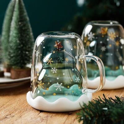 300 ml de cristal de Navidad Tazas de doble pared con diseño lindo y logotipo personalizado en caja de regalo