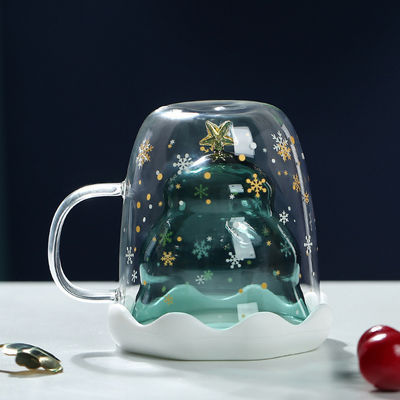 300 ml de cristal de Navidad Tazas de doble pared con diseño lindo y logotipo personalizado en caja de regalo
