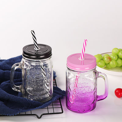 Tazas de vidrio personalizadas 500 ml de vidrio Mason claro y agua de jugo de copa de cola con paja y tapa