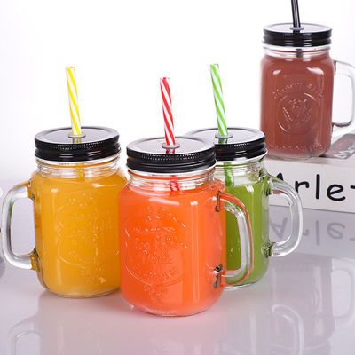Tazas de vidrio personalizadas 500 ml de vidrio Mason claro y agua de jugo de copa de cola con paja y tapa