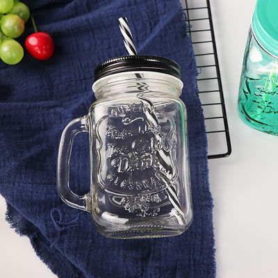 Tazas de vidrio personalizadas 500 ml de vidrio Mason claro y agua de jugo de copa de cola con paja y tapa