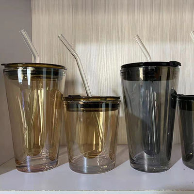 Tazas de café portátiles para acompañamiento femenino, vidrio de té de leche fría con mango y tapa de paja