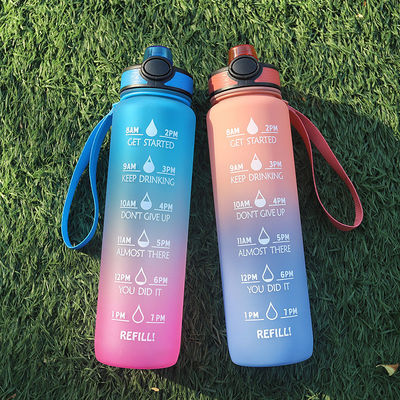 Botella de agua deportiva de 1L con marcador de tiempo y paja directa libre de BPA
