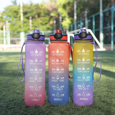 Botella de agua deportiva de 1L con marcador de tiempo y paja directa libre de BPA
