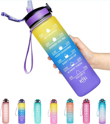 Botella de agua deportiva de 1L con marcador de tiempo y paja directa libre de BPA