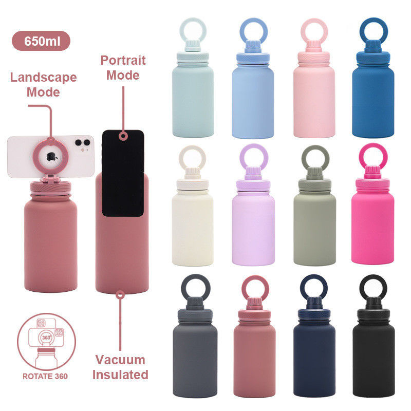 Botella de agua de acero inoxidable aislada para deportes con soporte magnético para teléfonos celulares