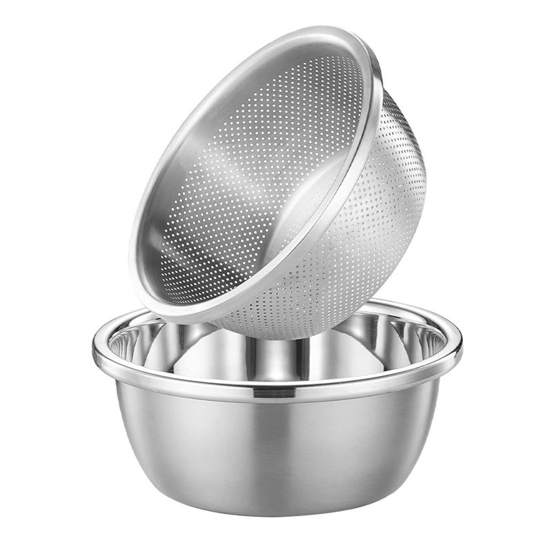 Logotipo personalizado Cuchillero de cocina versátil 304 de acero inoxidable Microporous Colander Cuenco de lavado de arroz Conjunto 550g