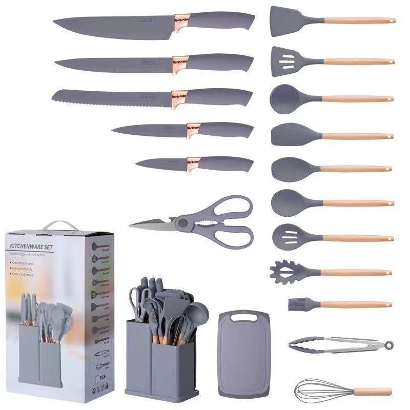 Conjunto de utensilios de cocina de silicona de 19 piezas de mango de madera con cubo de almacenamiento de tabla de corte