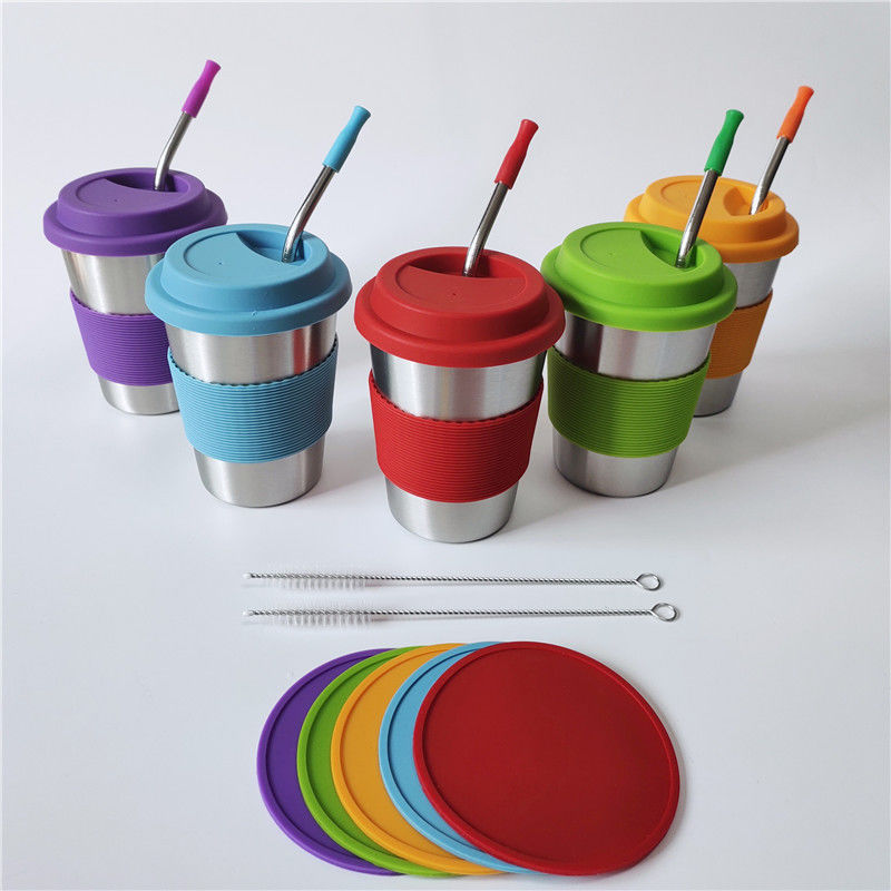 1 pieza de 12 onzas Bebidas de leche de acero inoxidable para niños con tapas y pajitas de silicona de colores