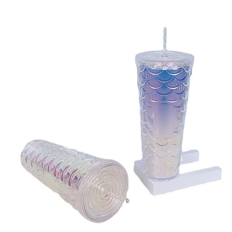 Método de flujo de agua Taza de paja creativa de plástico de doble capa Flash Tazas de pescado rosa