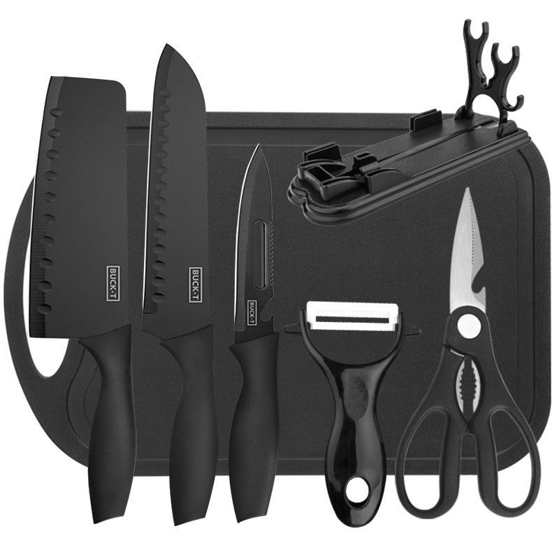 Cuchillo de cocinero de acero inoxidable de 7 piezas con bloque de corte de plástico y soporte de tabla
