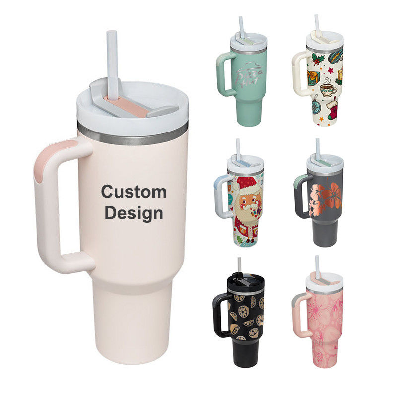 Patrón personalizado de estilo americano 40oz Tumbler con mango de tapa y paja de acero inoxidable Vacuo Copo aislado