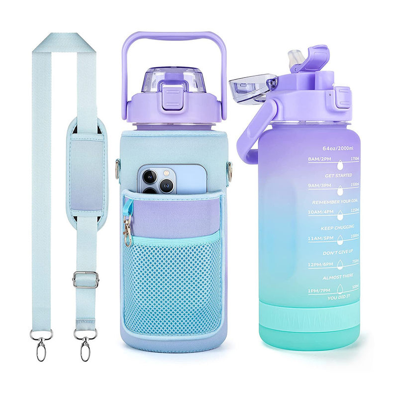 2L Marcador de tiempo motivacional Botella de agua con paja y pegatinas Gradiente de color Durable