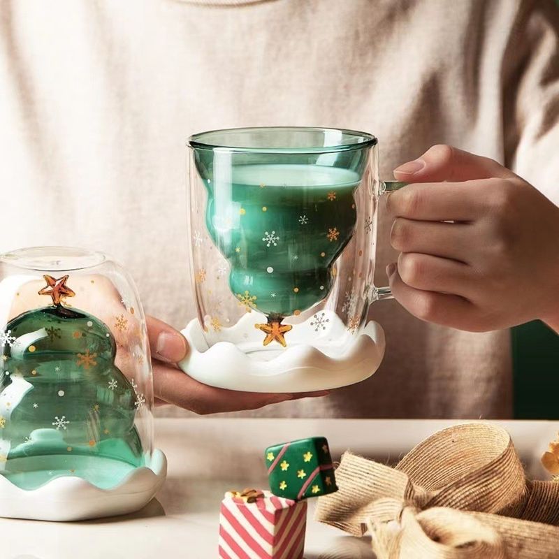 300 ml de cristal de Navidad Tazas de doble pared con diseño lindo y logotipo personalizado en caja de regalo