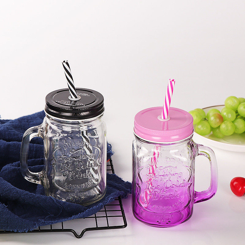 Tazas de vidrio personalizadas 500 ml de vidrio Mason claro y agua de jugo de copa de cola con paja y tapa