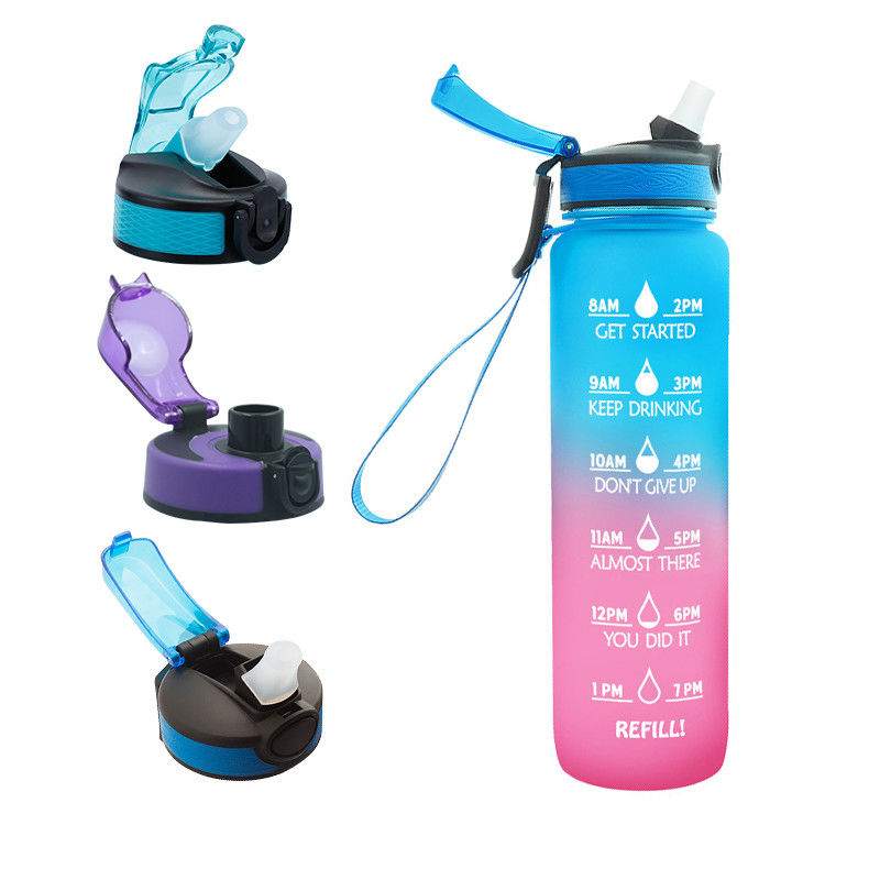 Botella de agua deportiva de 1L con marcador de tiempo y paja directa libre de BPA