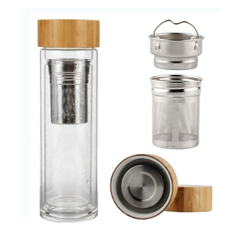 Botella de agua de vidrio de alto borosilicato de 350 ml con infusor de taza de separación de té y agua incluido